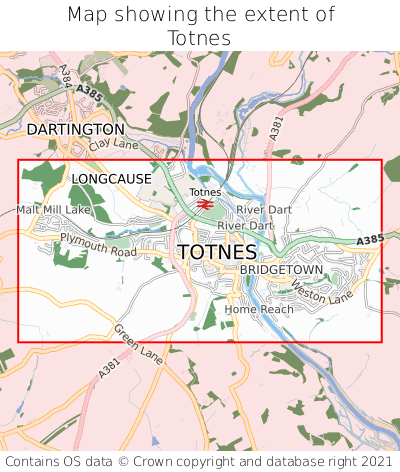 Map showing extent of Totnes as bounding box