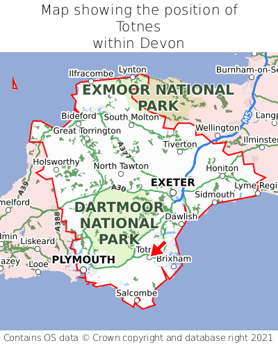 Map showing location of Totnes within Devon