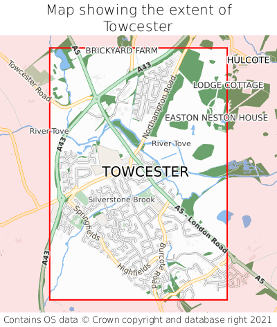 Map showing extent of Towcester as bounding box