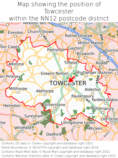 Map showing location of Towcester within NN12