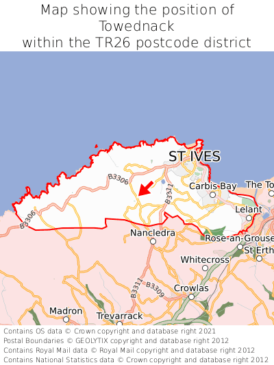 Map showing location of Towednack within TR26