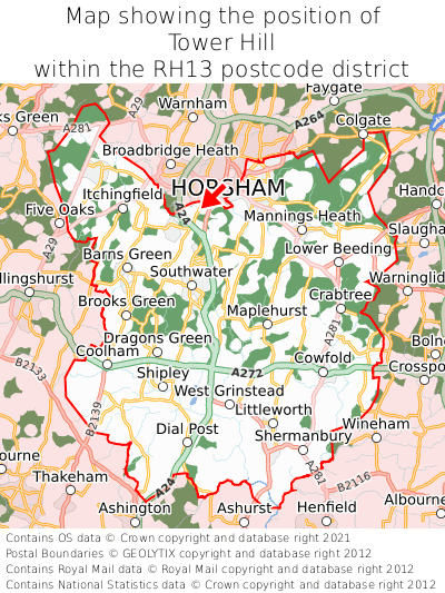 Map showing location of Tower Hill within RH13