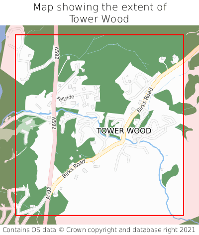 Map showing extent of Tower Wood as bounding box