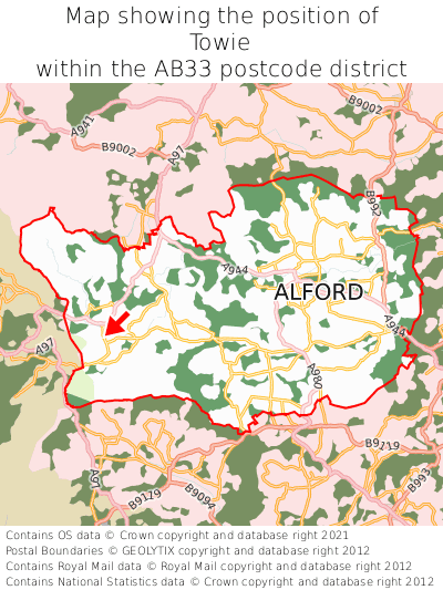 Map showing location of Towie within AB33