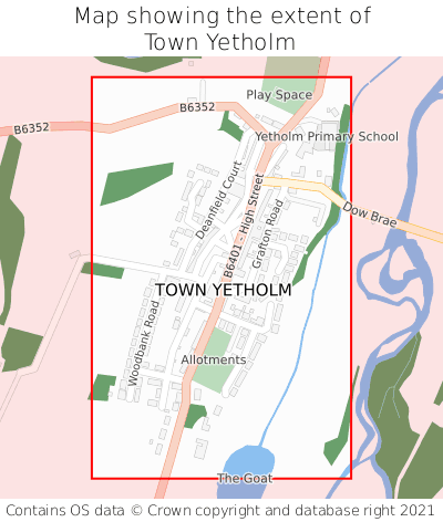 Map showing extent of Town Yetholm as bounding box