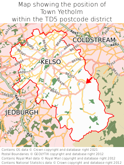 Map showing location of Town Yetholm within TD5