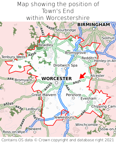 Map showing location of Town's End within Worcestershire