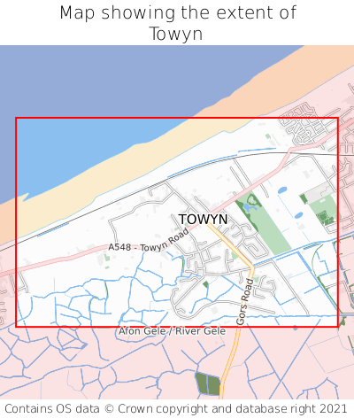 Map showing extent of Towyn as bounding box