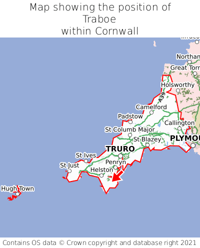 Map showing location of Traboe within Cornwall