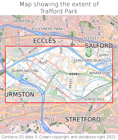 Map showing extent of Trafford Park as bounding box