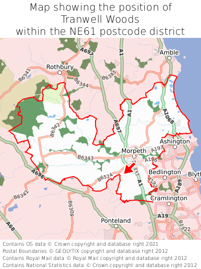 Map showing location of Tranwell Woods within NE61