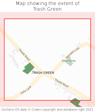 Map showing extent of Trash Green as bounding box