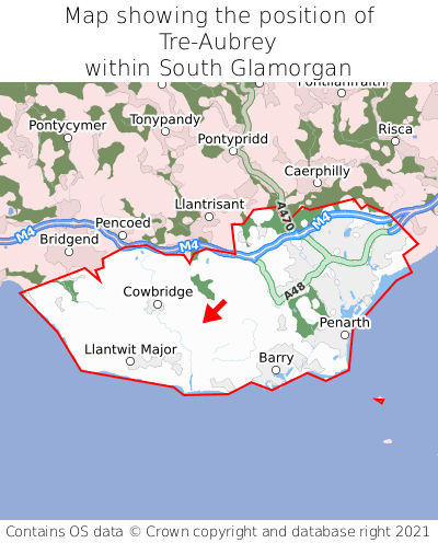Map showing location of Tre-Aubrey within South Glamorgan