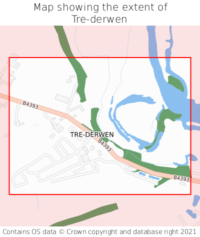Map showing extent of Tre-derwen as bounding box