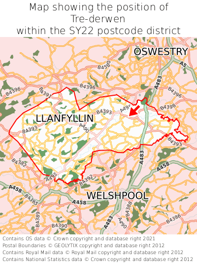 Map showing location of Tre-derwen within SY22