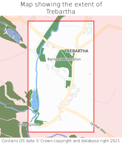 Map showing extent of Trebartha as bounding box