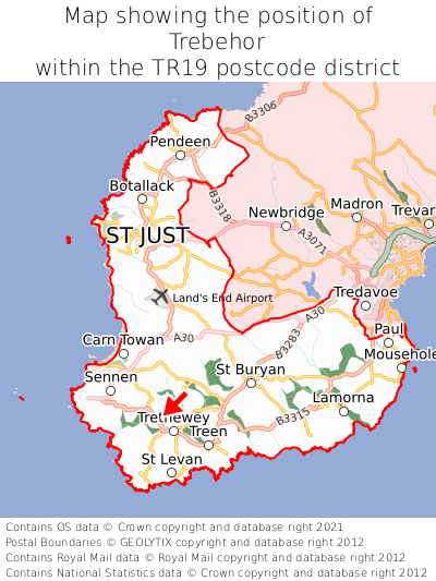 Map showing location of Trebehor within TR19