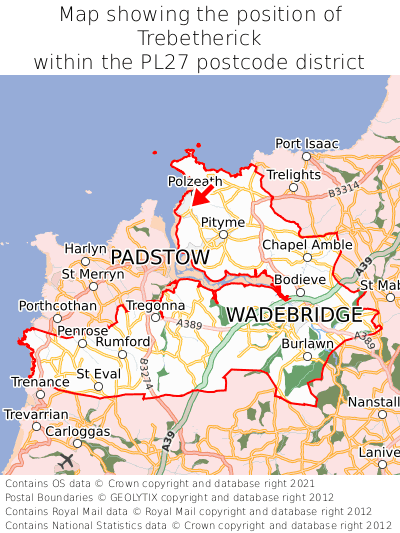 Map showing location of Trebetherick within PL27