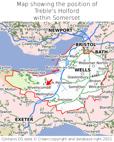 Map showing location of Treble's Holford within Somerset