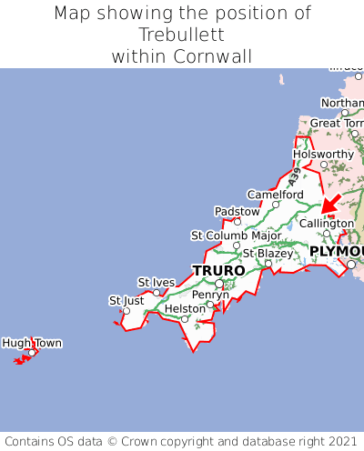 Map showing location of Trebullett within Cornwall