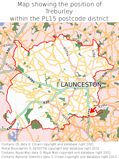 Map showing location of Treburley within PL15