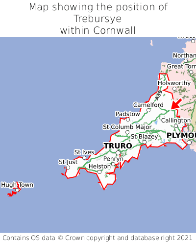 Map showing location of Trebursye within Cornwall