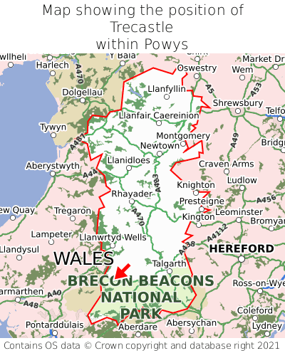 Map showing location of Trecastle within Powys