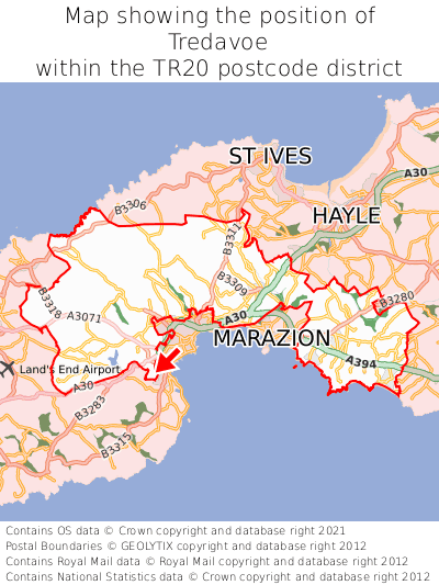 Map showing location of Tredavoe within TR20