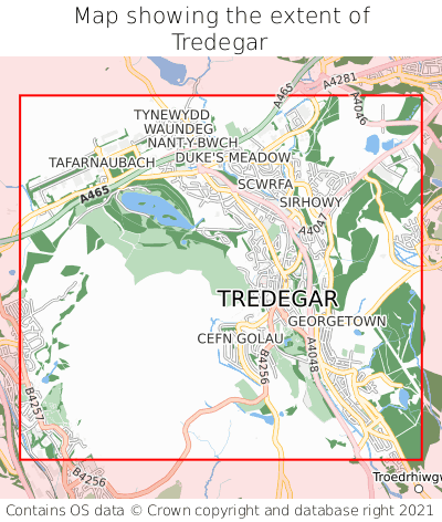 Map showing extent of Tredegar as bounding box
