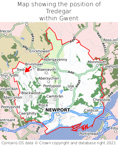 Map showing location of Tredegar within Gwent