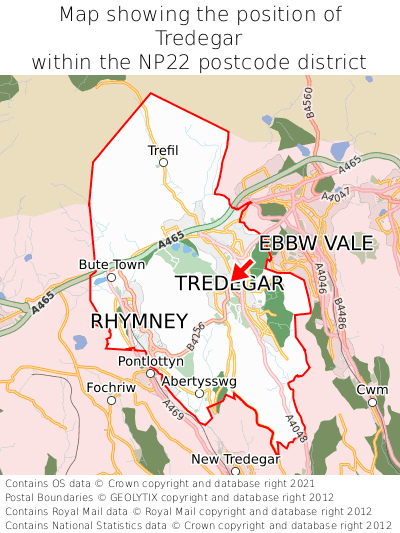 Map showing location of Tredegar within NP22