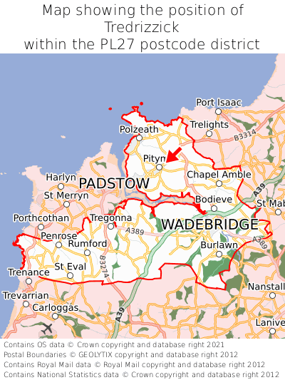 Map showing location of Tredrizzick within PL27