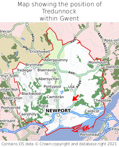 Map showing location of Tredunnock within Gwent