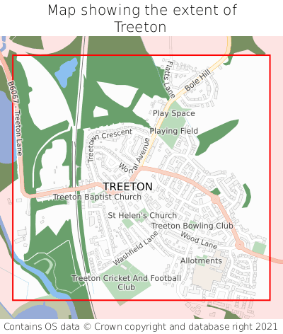 Map showing extent of Treeton as bounding box