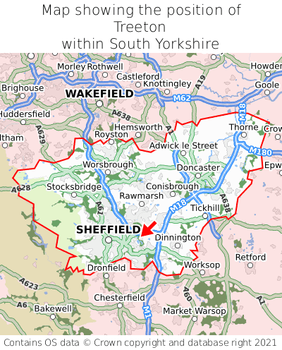 Map showing location of Treeton within South Yorkshire