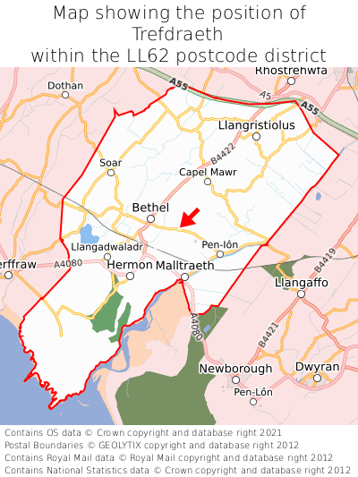 Map showing location of Trefdraeth within LL62