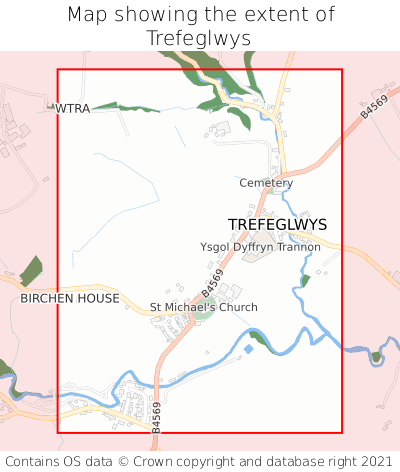 Map showing extent of Trefeglwys as bounding box