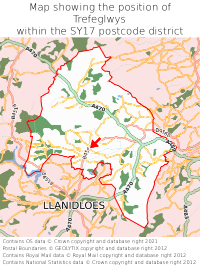Map showing location of Trefeglwys within SY17