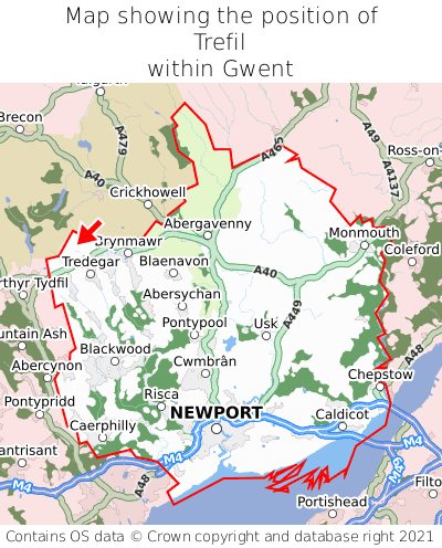 Map showing location of Trefil within Gwent