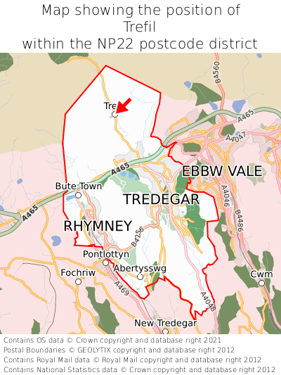 Map showing location of Trefil within NP22