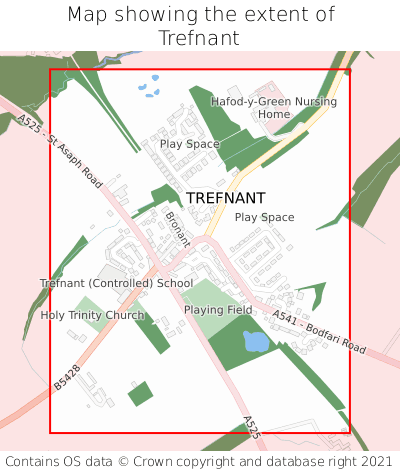 Map showing extent of Trefnant as bounding box
