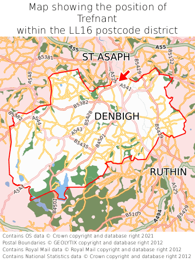 Map showing location of Trefnant within LL16