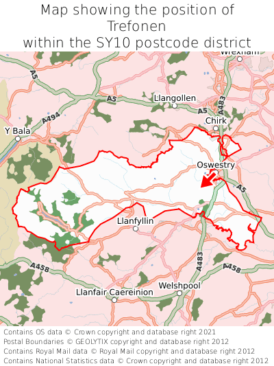 Map showing location of Trefonen within SY10