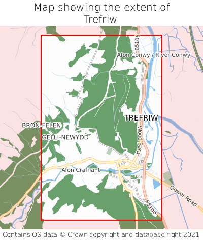 Map showing extent of Trefriw as bounding box