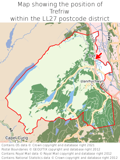 Map showing location of Trefriw within LL27