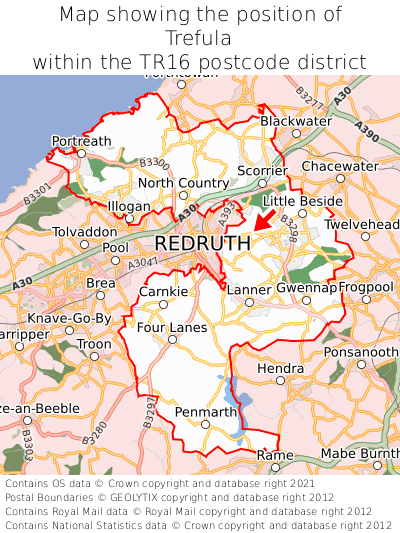 Map showing location of Trefula within TR16