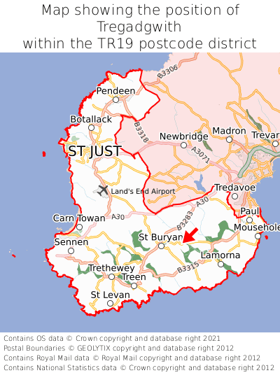 Map showing location of Tregadgwith within TR19