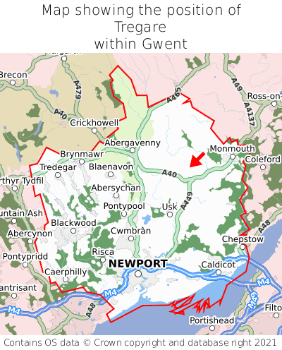 Map showing location of Tregare within Gwent