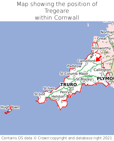 Map showing location of Tregeare within Cornwall