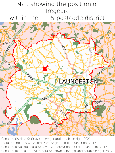 Map showing location of Tregeare within PL15